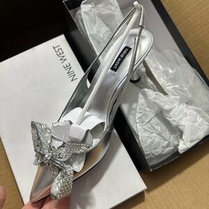 Nine West Metallic Silver Heels with Embellished Bow
